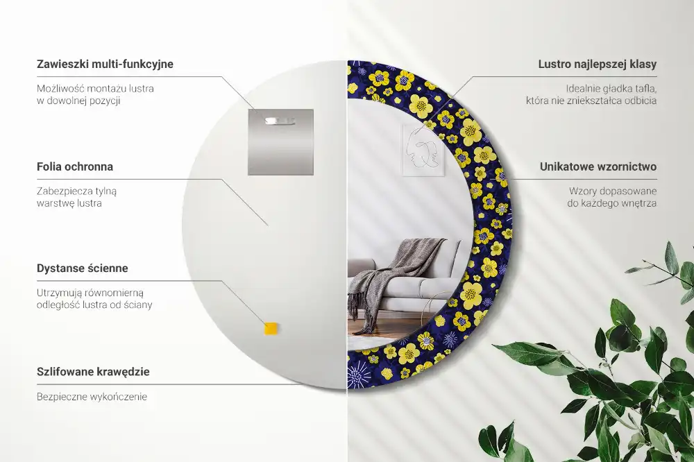 Spiegel mit bedrucktem Rahmen rund Kleine Blümchen