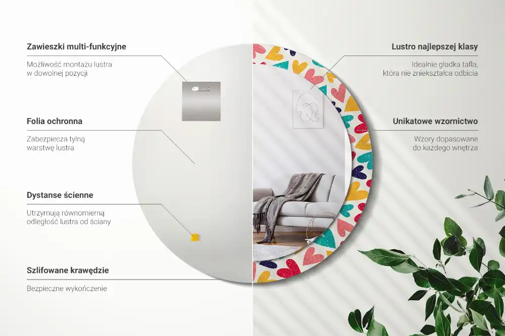 Spiegel mit bedrucktem Rahmen rund Bunte Herzen