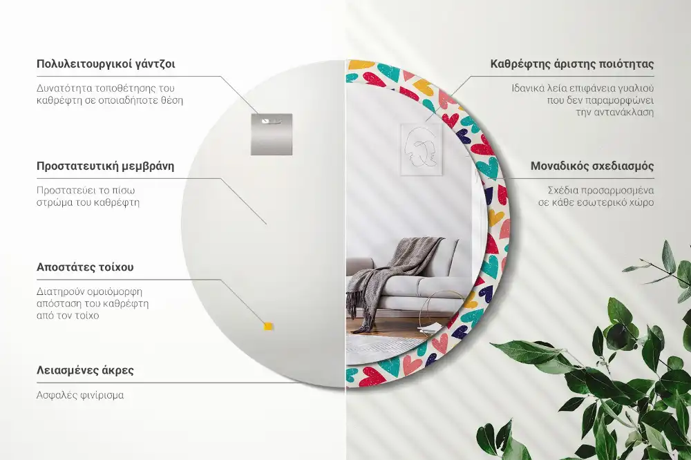 Spiegel mit bedrucktem Rahmen rund Bunte Herzen