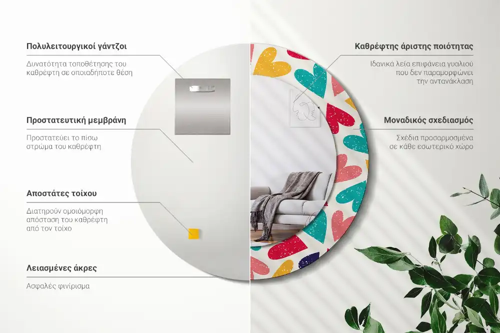 Spiegel mit bedrucktem Rahmen rund Bunte Herzen