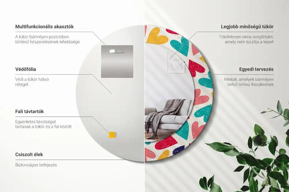 Spiegel mit bedrucktem Rahmen rund Bunte Herzen