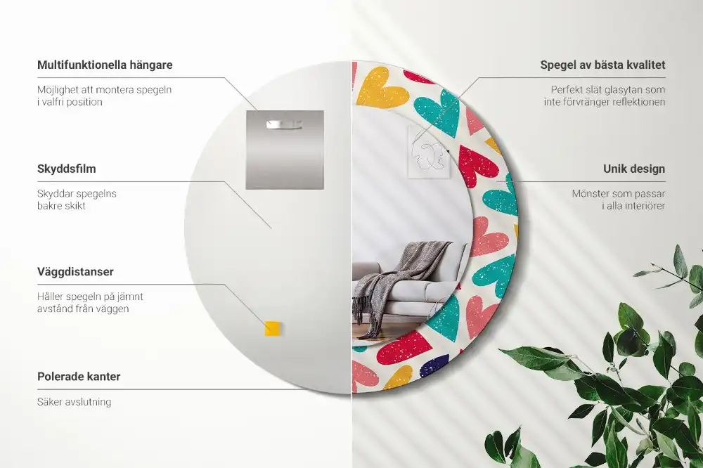 Spiegel mit bedrucktem Rahmen rund Bunte Herzen