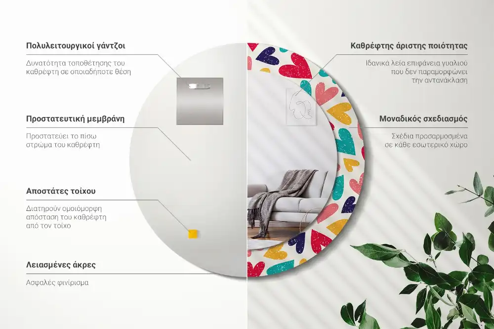 Spiegel mit bedrucktem Rahmen rund Bunte Herzen