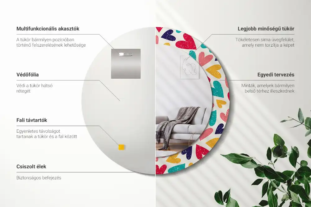 Spiegel mit bedrucktem Rahmen rund Bunte Herzen