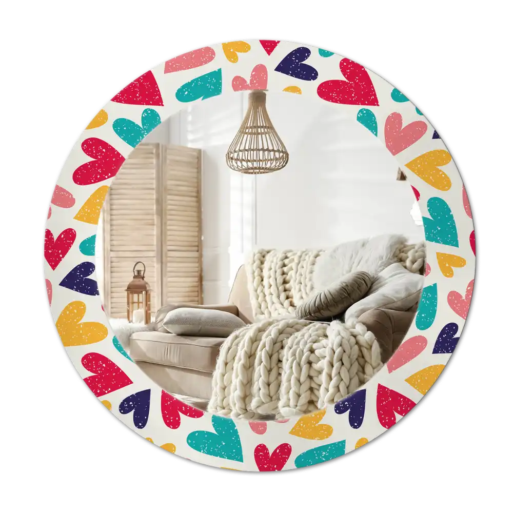 Spiegel mit bedrucktem Rahmen rund Bunte Herzen