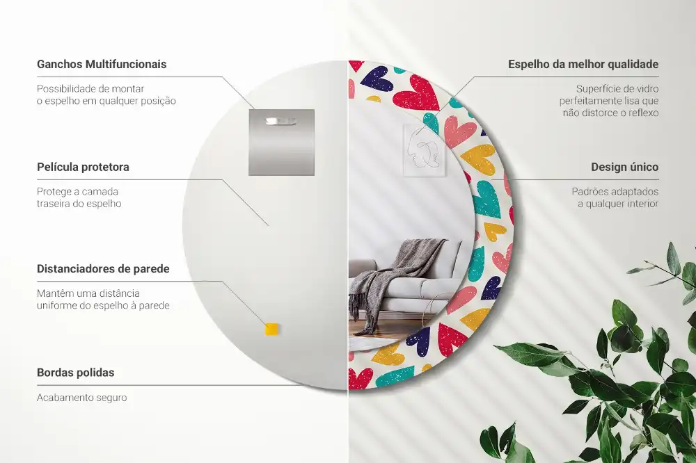 Spiegel mit bedrucktem Rahmen rund Bunte Herzen