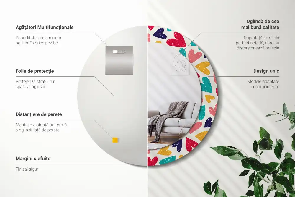 Spiegel mit bedrucktem Rahmen rund Bunte Herzen