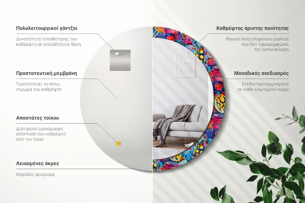 Spiegel mit bedrucktem Rahmen rund Bunte Kritzeleien