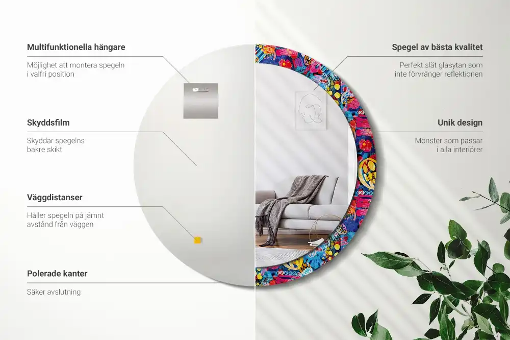 Spiegel mit bedrucktem Rahmen rund Bunte Kritzeleien