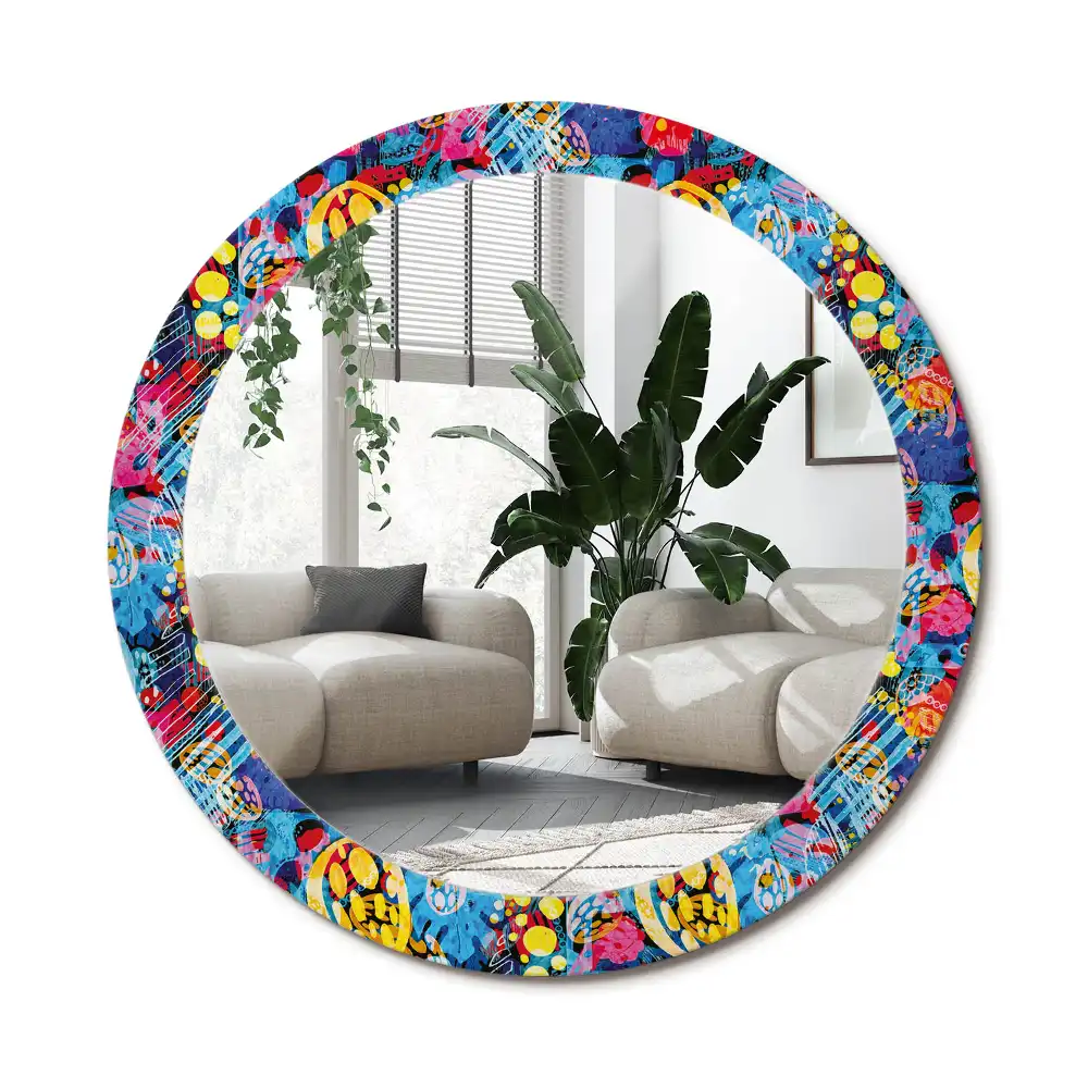 Spiegel mit bedrucktem Rahmen rund Bunte Kritzeleien