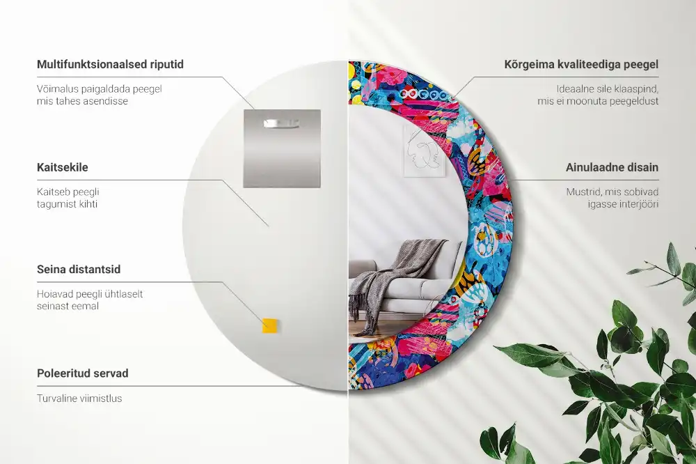 Spiegel mit bedrucktem Rahmen rund Bunte Kritzeleien