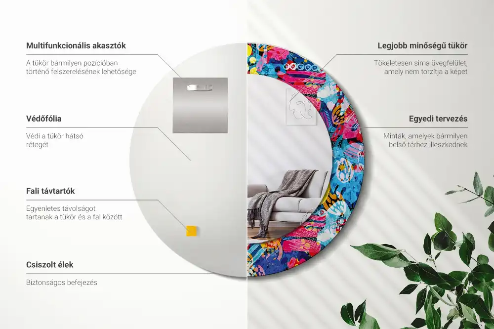 Spiegel mit bedrucktem Rahmen rund Bunte Kritzeleien