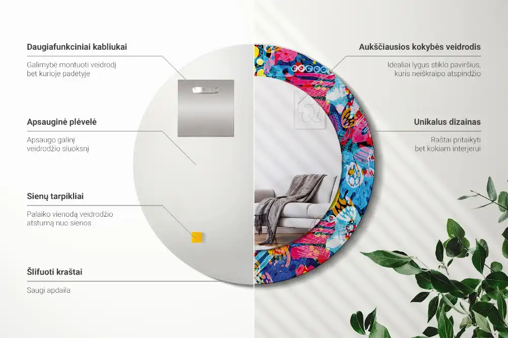 Spiegel mit bedrucktem Rahmen rund Bunte Kritzeleien