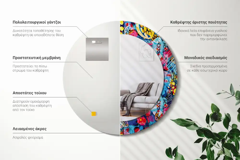 Spiegel mit bedrucktem Rahmen rund Bunte Kritzeleien