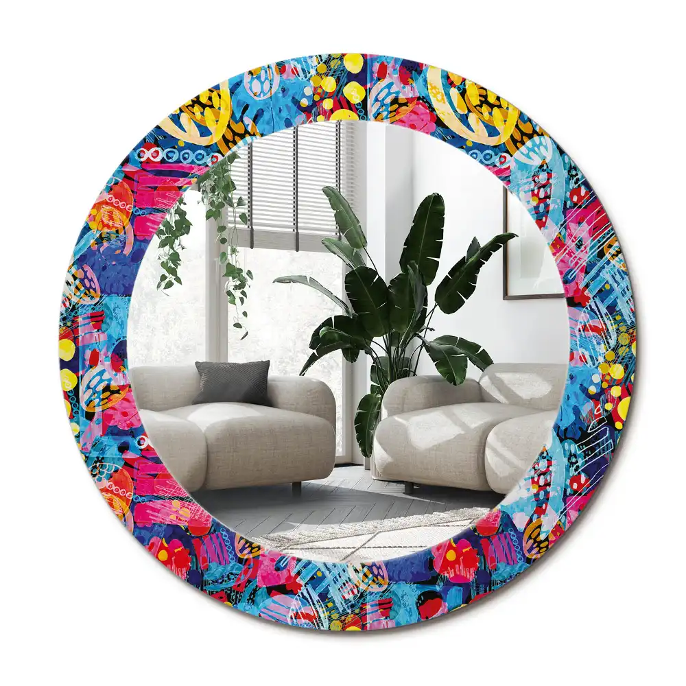 Spiegel mit bedrucktem Rahmen rund Bunte Kritzeleien