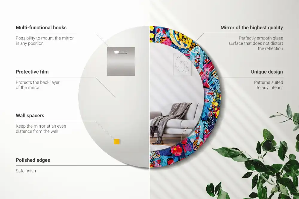 Spiegel mit bedrucktem Rahmen rund Bunte Kritzeleien