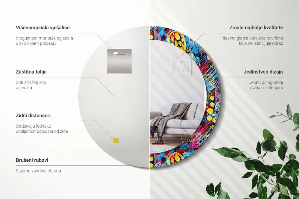 Spiegel mit bedrucktem Rahmen rund Bunte Kritzeleien