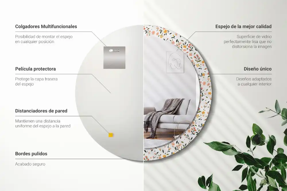Spiegel mit bedrucktem Rahmen rund Kleine Blümchen
