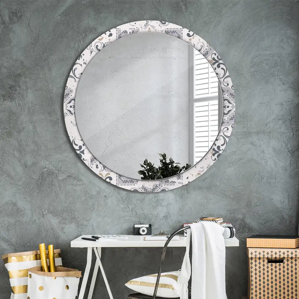 Spiegel mit bedrucktem Rahmen rund Retro-Fliesen