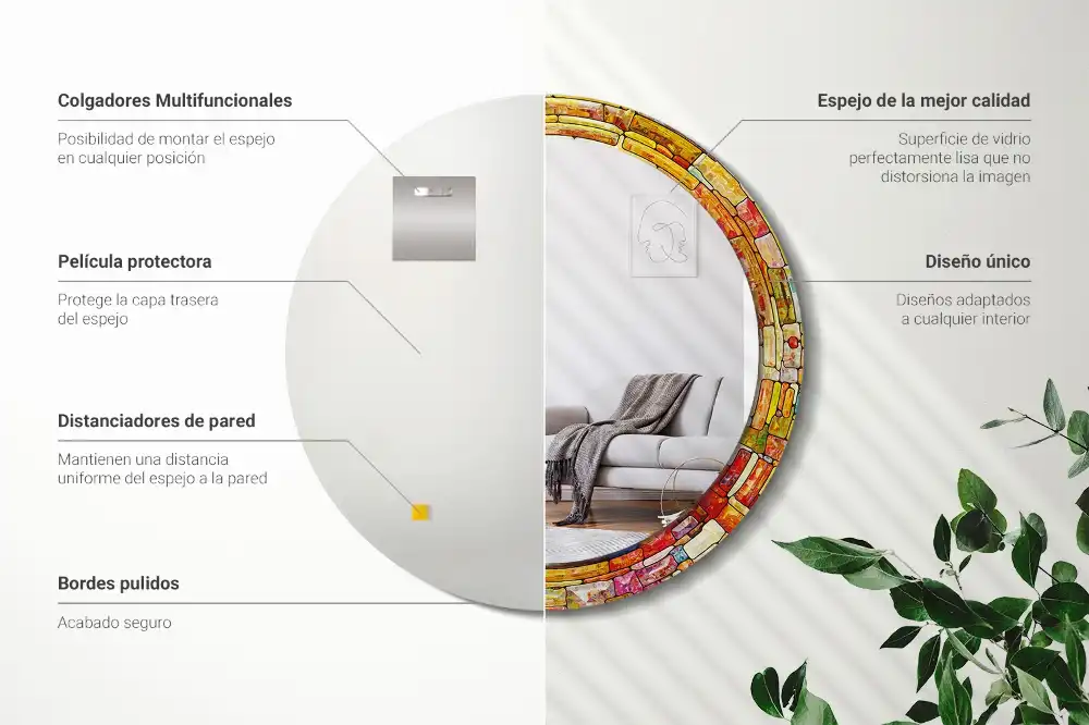 Spiegel mit bedrucktem Rahmen rund Buntglas