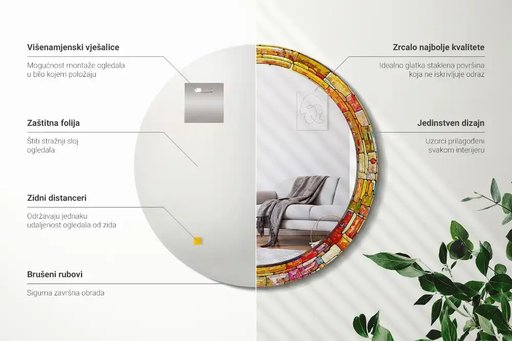 Spiegel mit bedrucktem Rahmen rund Buntglas