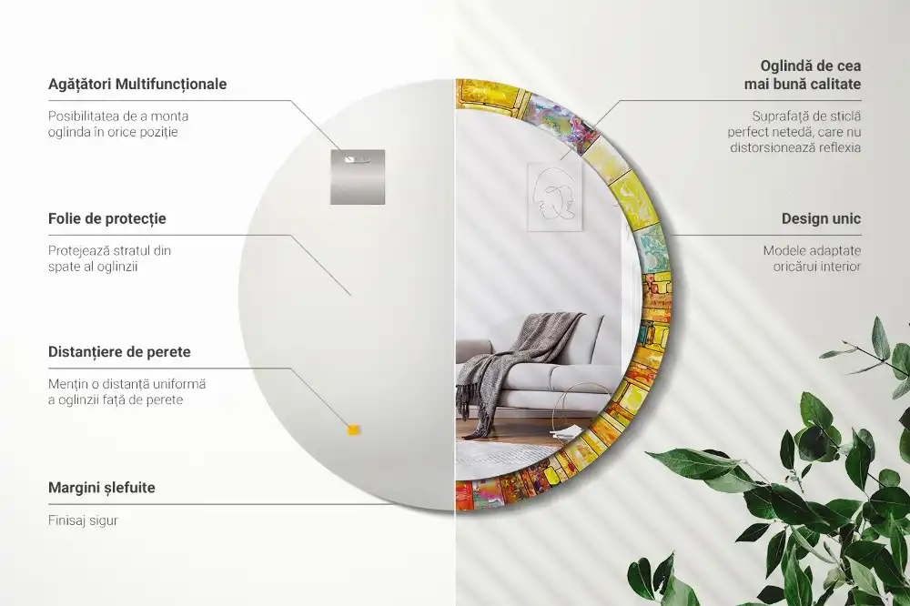 Spiegel mit bedrucktem Rahmen rund Buntglas