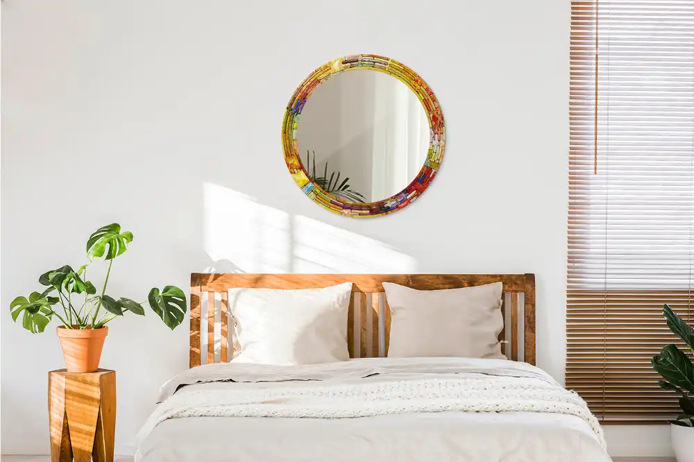 Spiegel mit bedrucktem Rahmen rund Buntglas