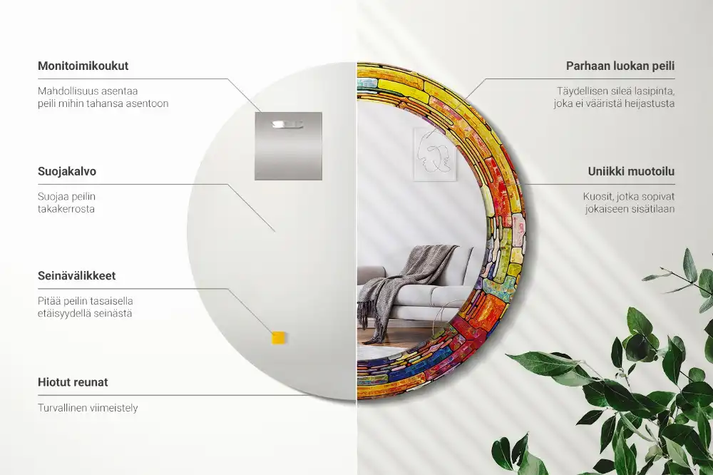 Spiegel mit bedrucktem Rahmen rund Buntglas