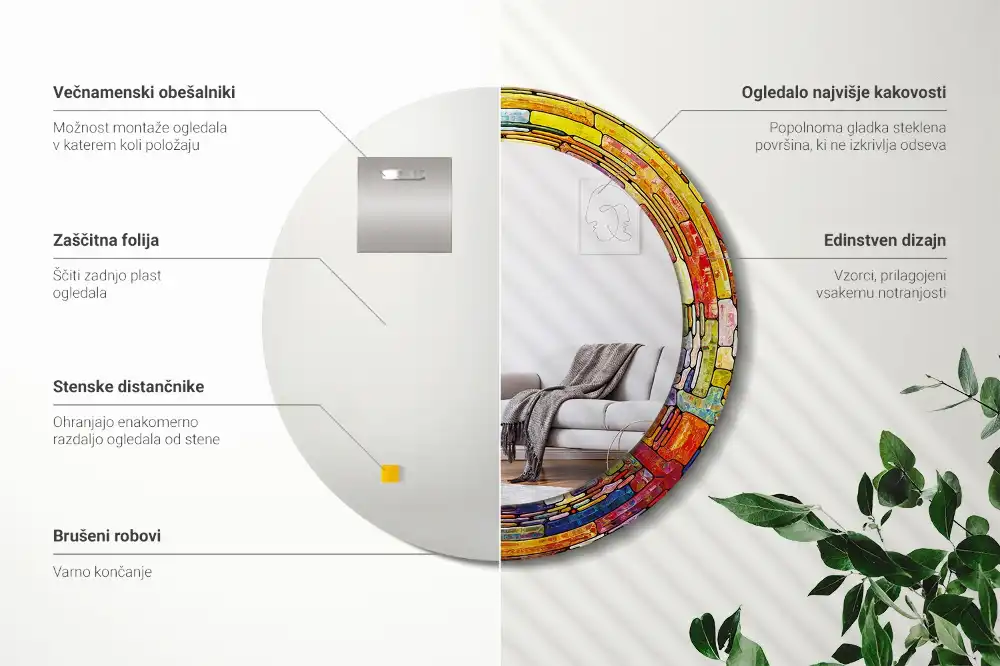 Spiegel mit bedrucktem Rahmen rund Buntglas