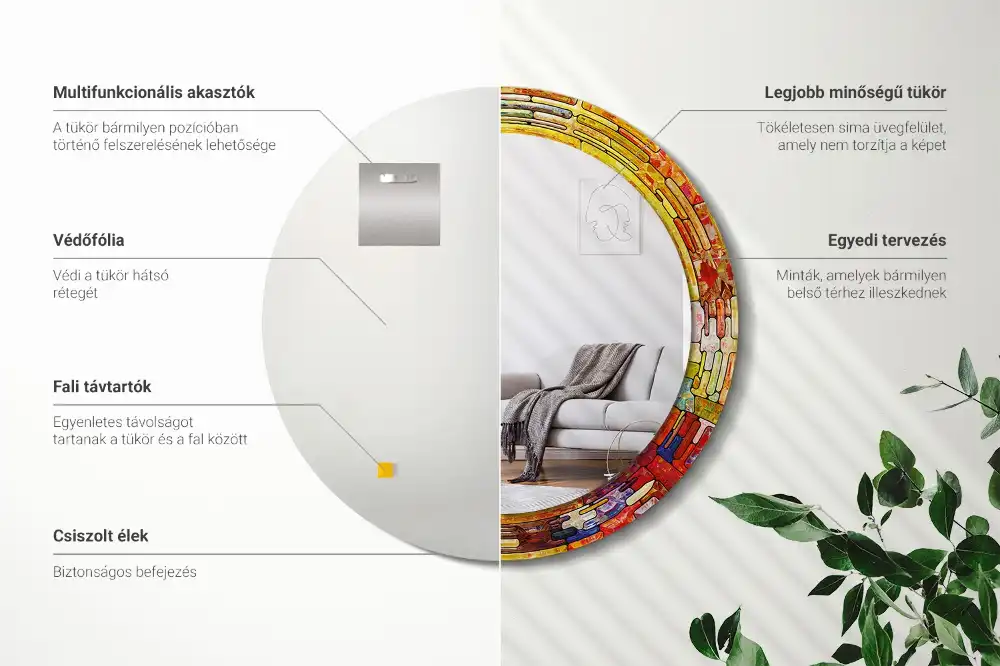 Spiegel mit bedrucktem Rahmen rund Buntglas