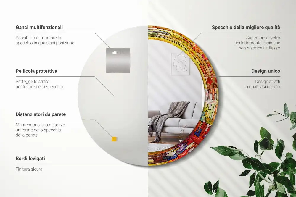 Spiegel mit bedrucktem Rahmen rund Buntglas