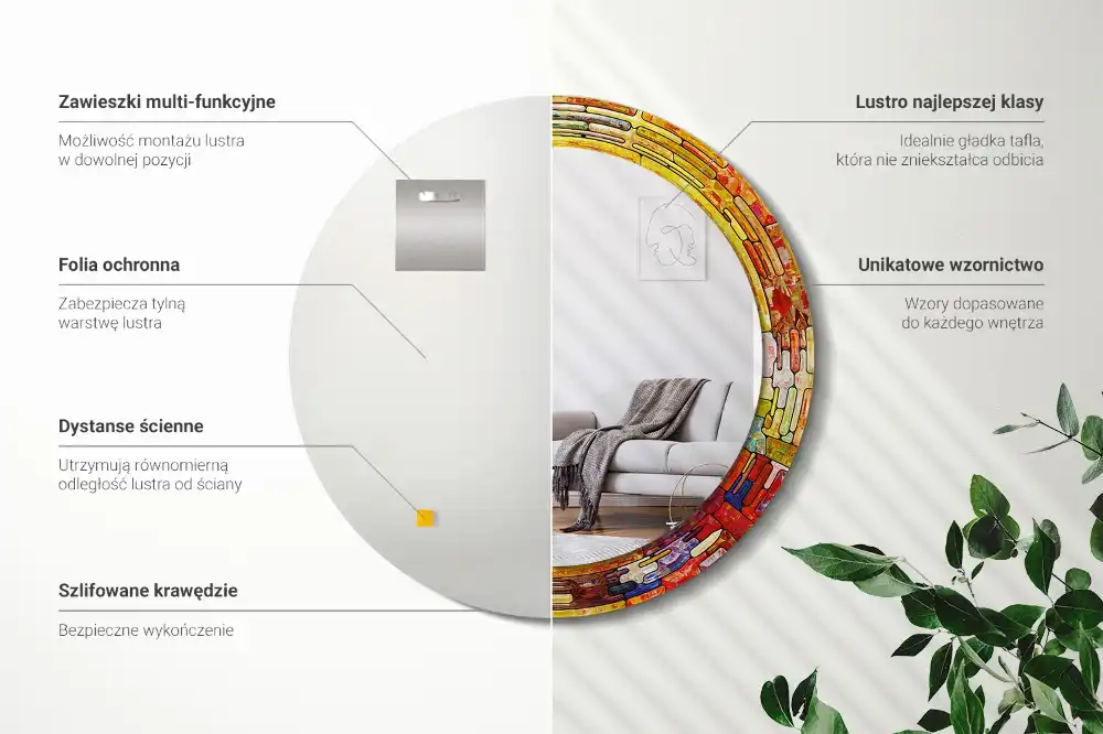 Spiegel mit bedrucktem Rahmen rund Buntglas