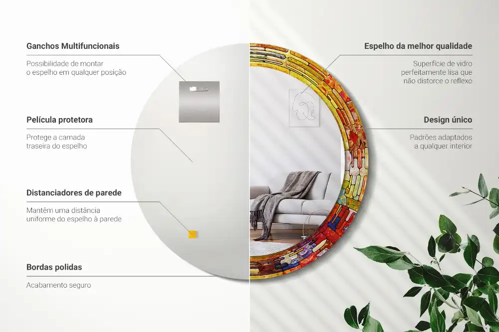 Spiegel mit bedrucktem Rahmen rund Buntglas