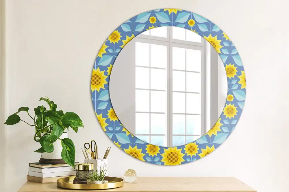 Spiegel mit bedrucktem Rahmen rund Geometrische Sonnenblumen