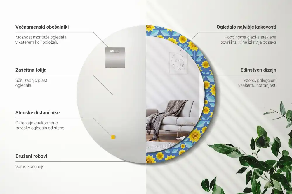 Spiegel mit bedrucktem Rahmen rund Geometrische Sonnenblumen