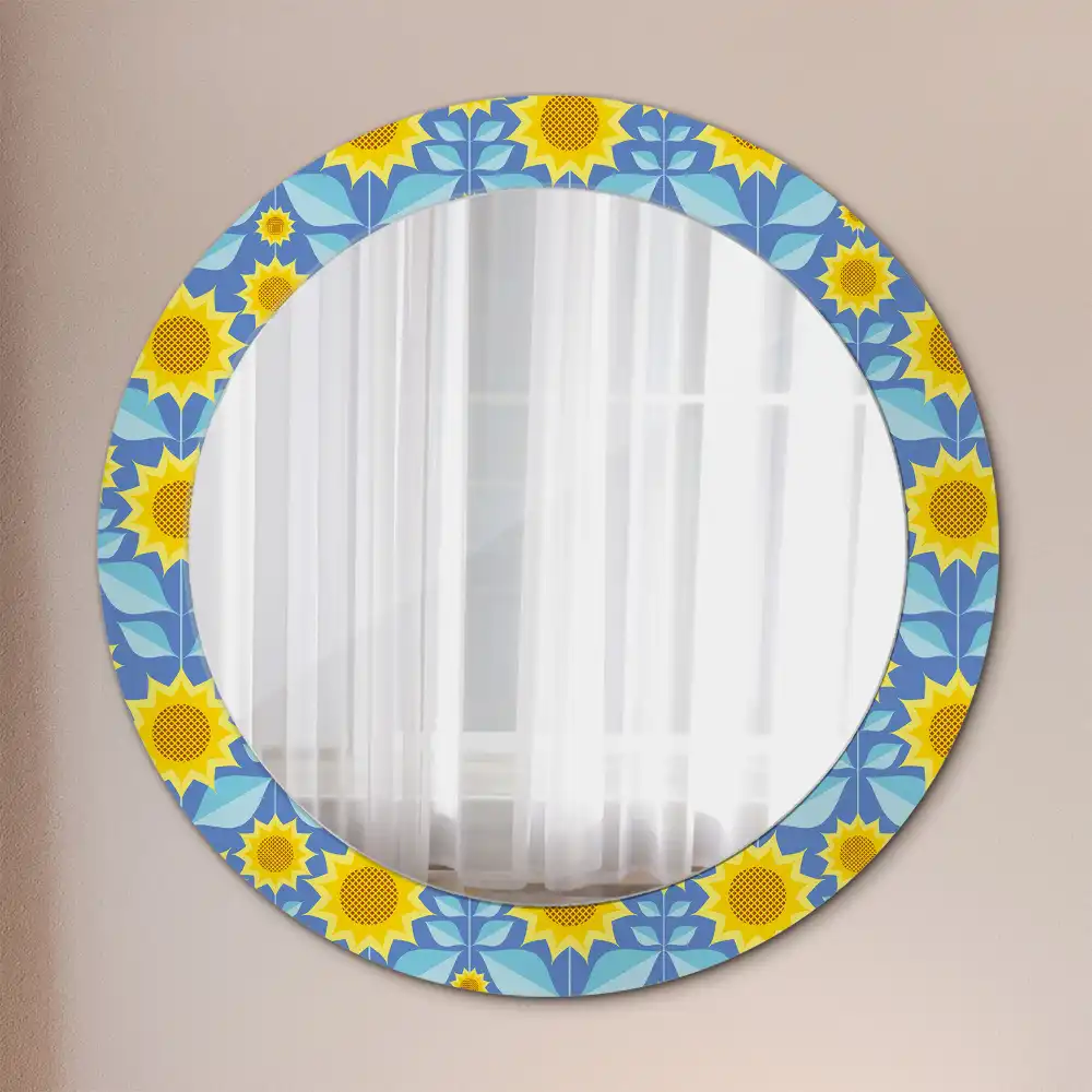 Spiegel mit bedrucktem Rahmen rund Geometrische Sonnenblumen