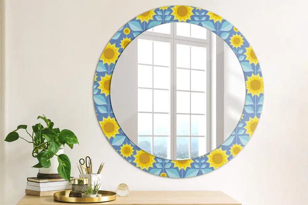 Spiegel mit bedrucktem Rahmen rund Geometrische Sonnenblumen