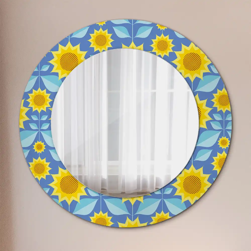 Spiegel mit bedrucktem Rahmen rund Geometrische Sonnenblumen