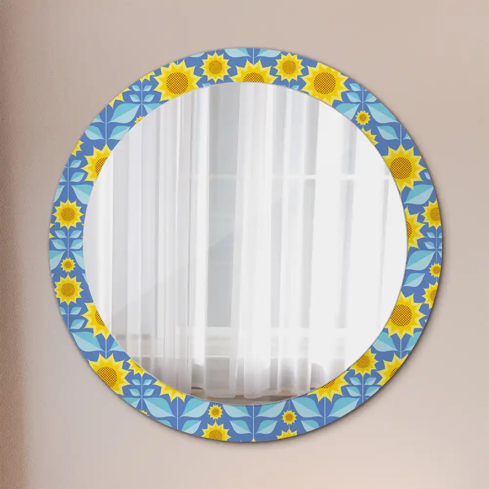 Spiegel mit bedrucktem Rahmen rund Geometrische Sonnenblumen