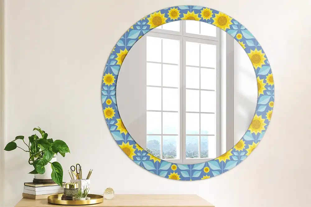 Spiegel mit bedrucktem Rahmen rund Geometrische Sonnenblumen