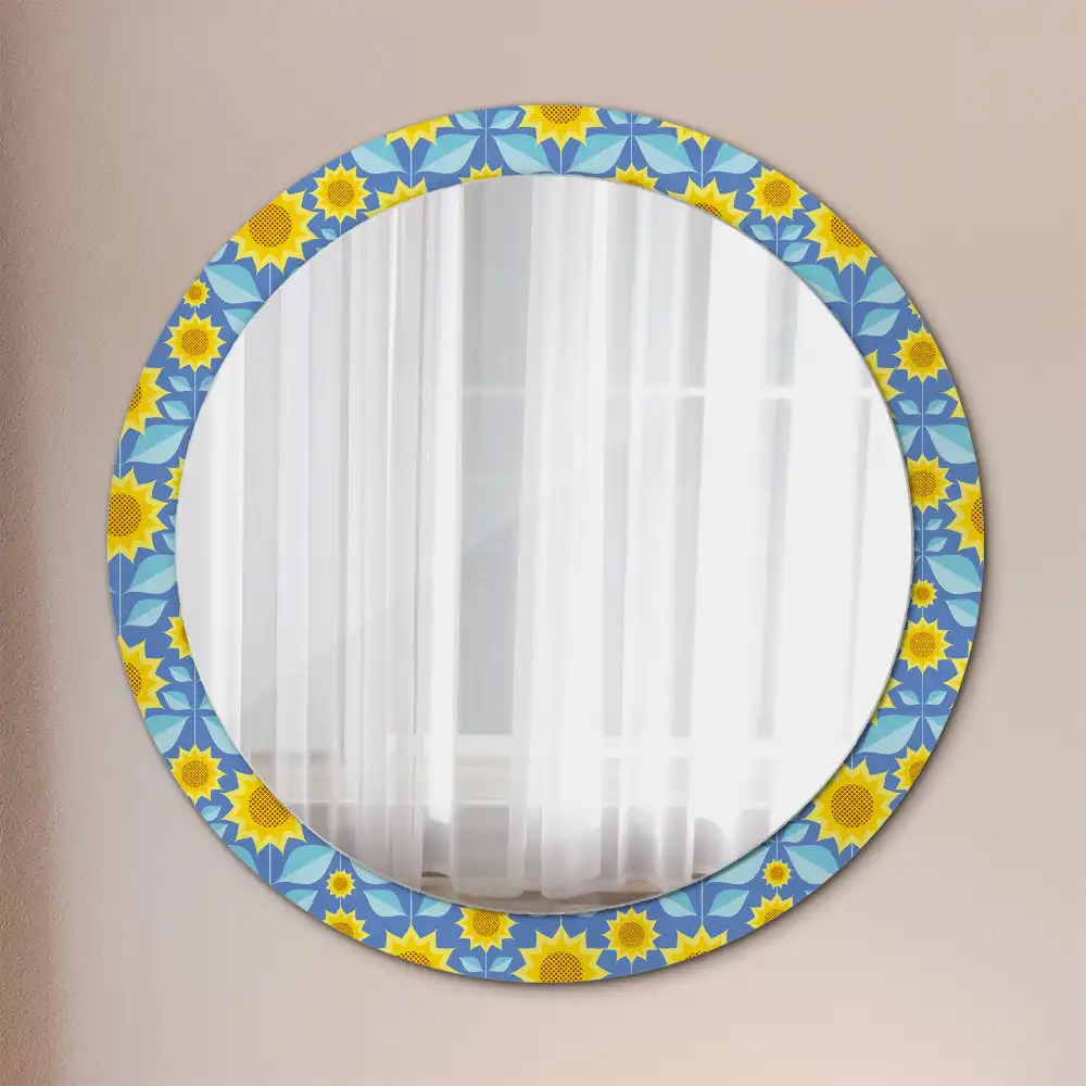 Spiegel mit bedrucktem Rahmen rund Geometrische Sonnenblumen