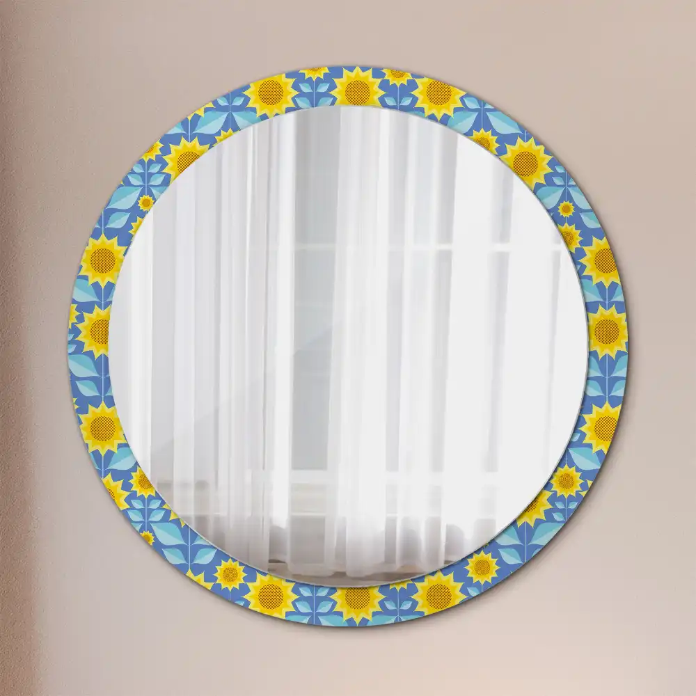 Spiegel mit bedrucktem Rahmen rund Geometrische Sonnenblumen