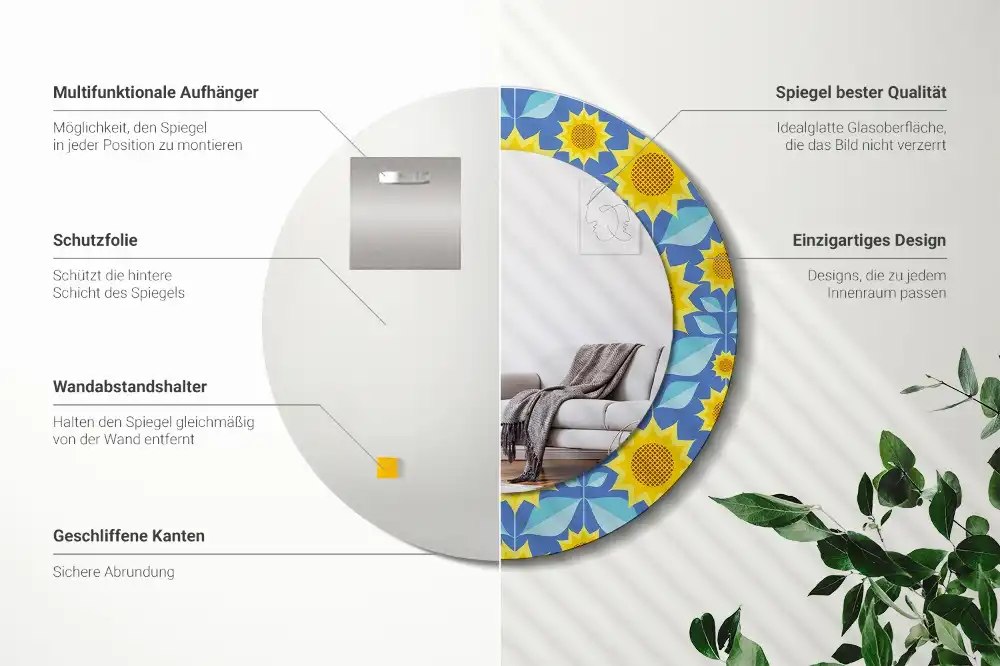 Spiegel mit bedrucktem Rahmen rund Geometrische Sonnenblumen