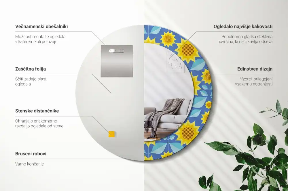 Spiegel mit bedrucktem Rahmen rund Geometrische Sonnenblumen