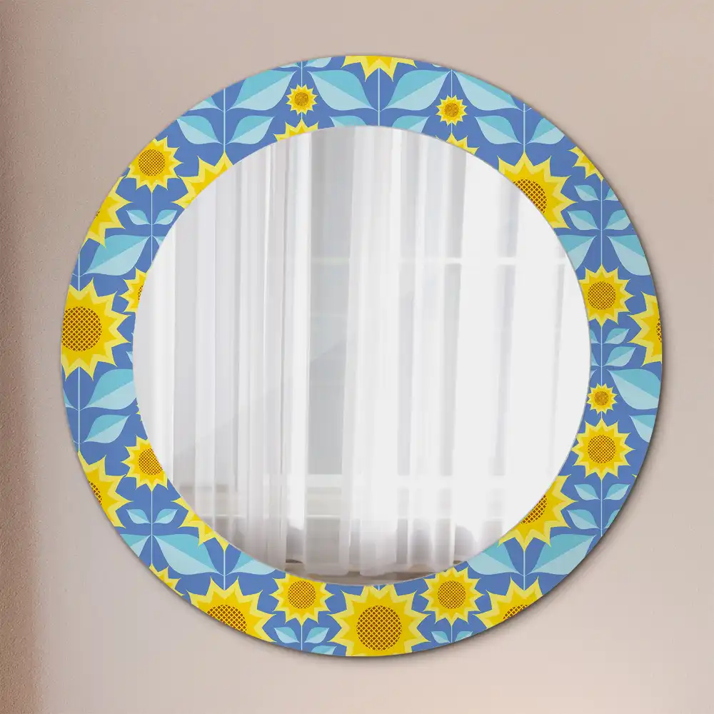 Spiegel mit bedrucktem Rahmen rund Geometrische Sonnenblumen