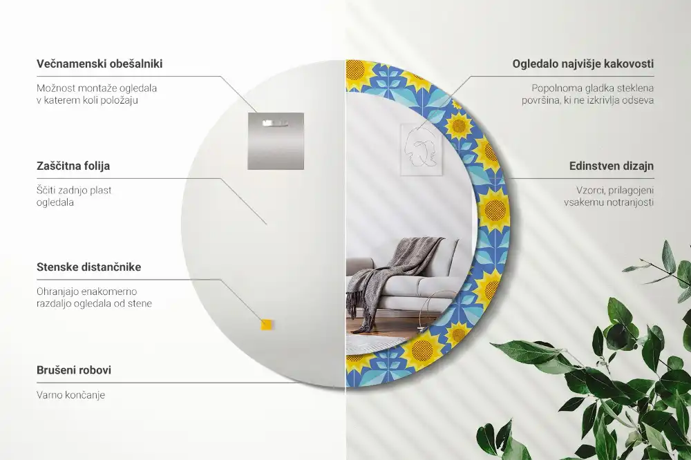 Spiegel mit bedrucktem Rahmen rund Geometrische Sonnenblumen