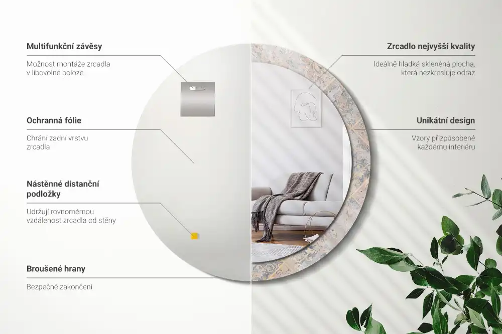 Spiegel mit bedrucktem Rahmen rund Abgegriffene Fliesen