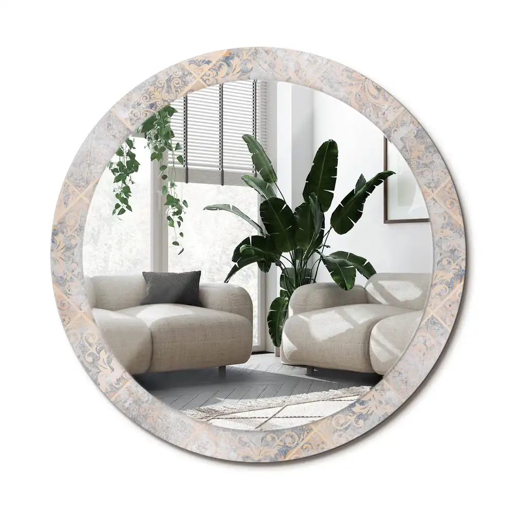 Spiegel mit bedrucktem Rahmen rund Abgegriffene Fliesen