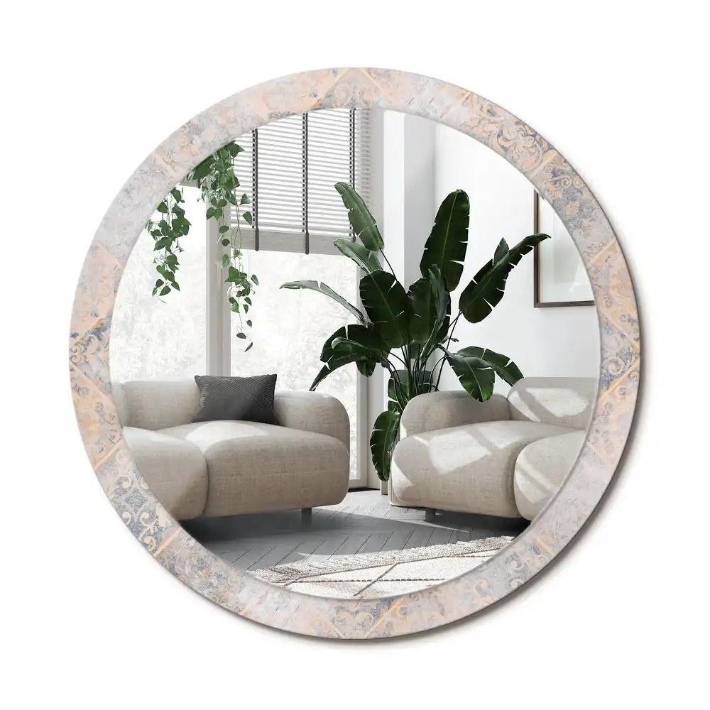 Spiegel mit bedrucktem Rahmen rund Abgegriffene Fliesen