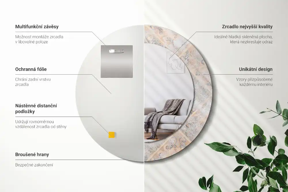 Spiegel mit bedrucktem Rahmen rund Abgegriffene Fliesen